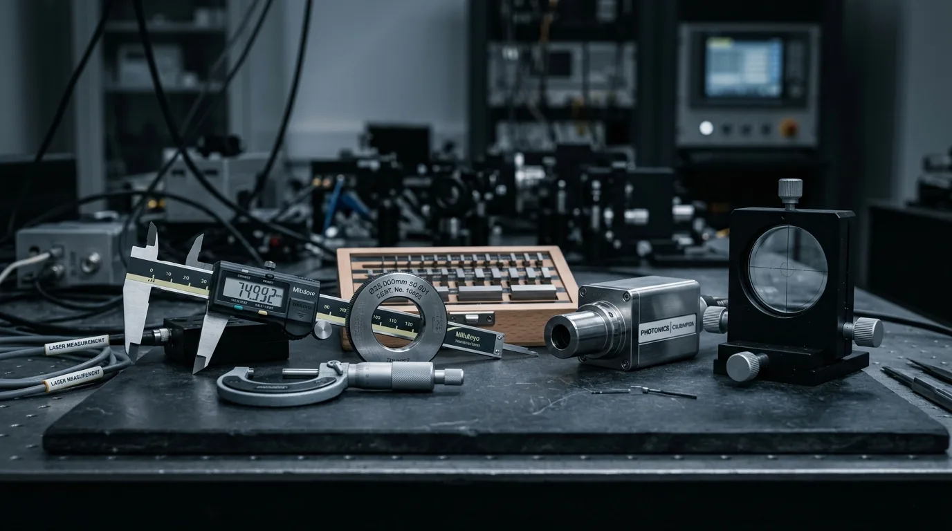 Precision measurement instruments on a dark bench