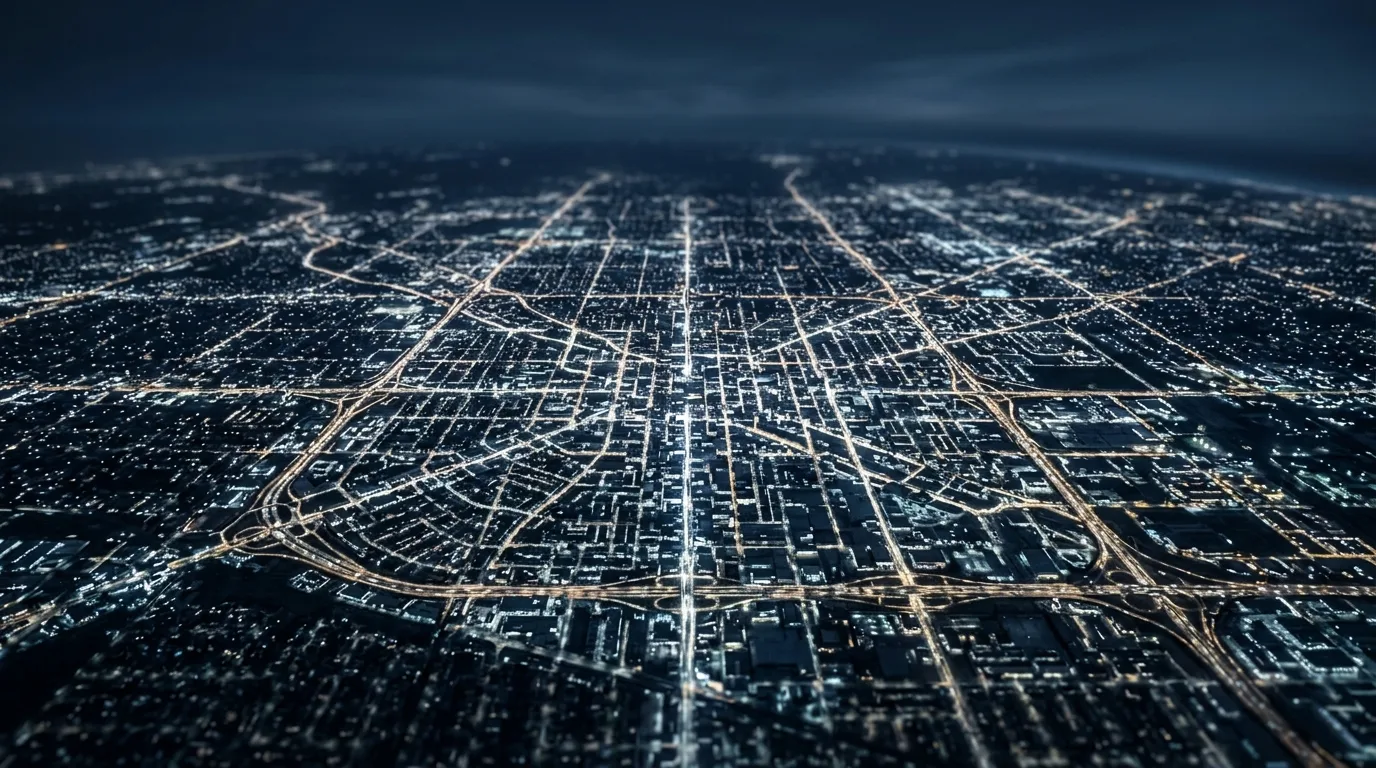 Aerial night view of a connected city light grid