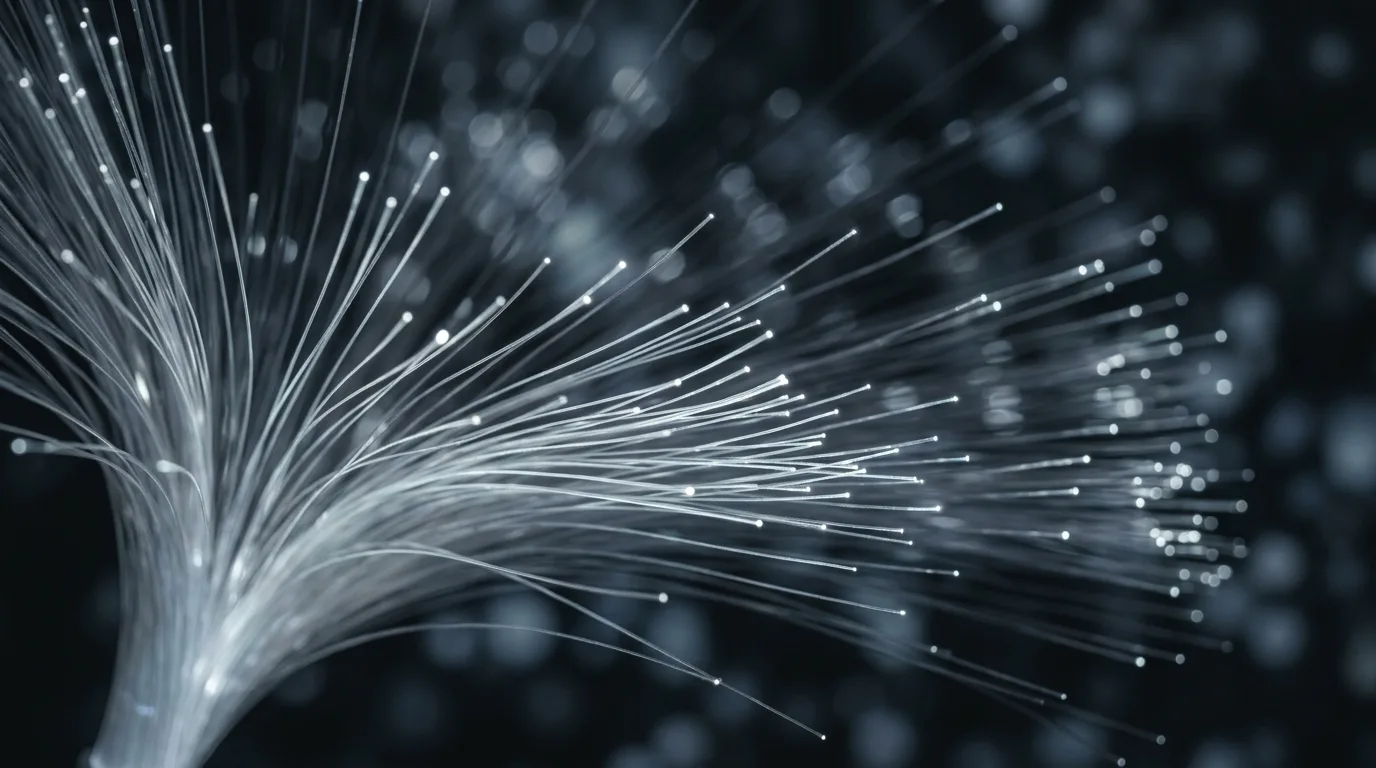 Illuminated optical fiber strands on a dark background