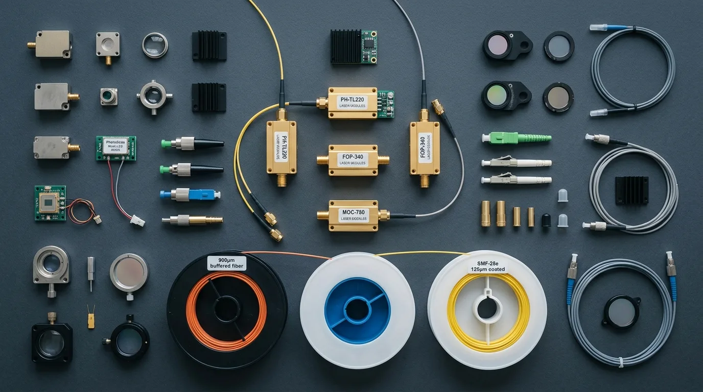 Photonic components flat lay on a dark surface
