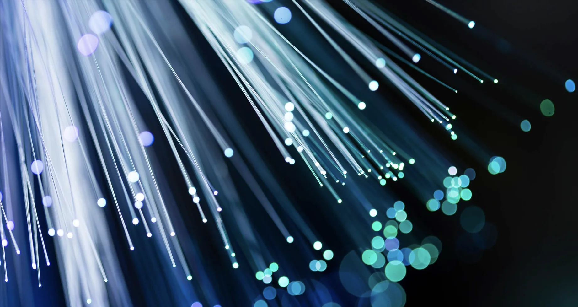Illuminated fiber optic strands against a dark background
