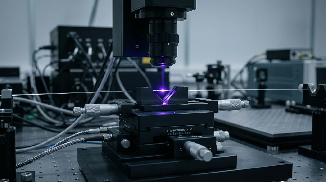 Optical fiber in precision alignment stages under violet laser light