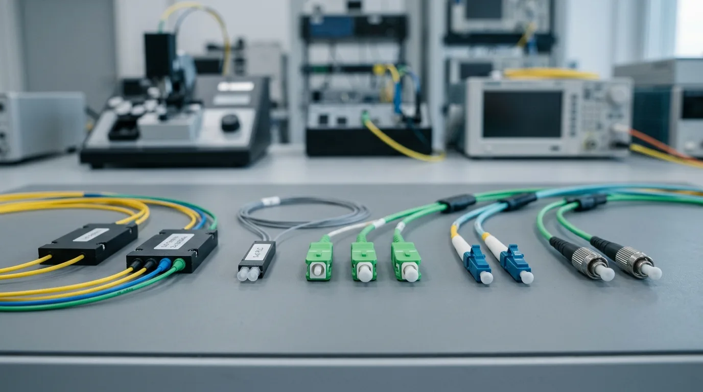 Fiber optic couplers, splitters and connectors on a laboratory bench