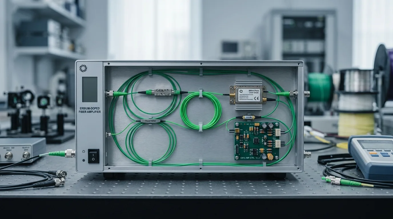 Benchtop fiber amplifier chassis with green fiber loops