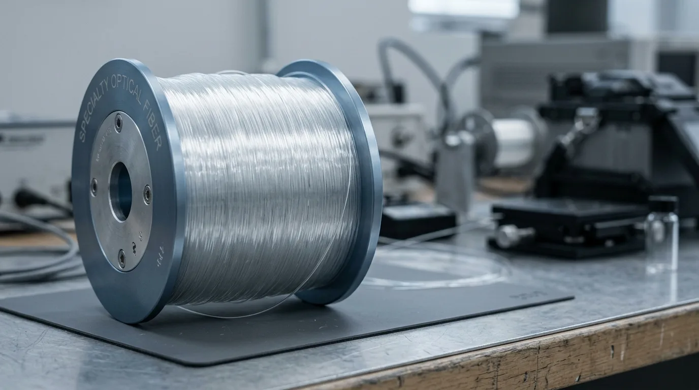 Spool of specialty optical fiber on a laboratory bench