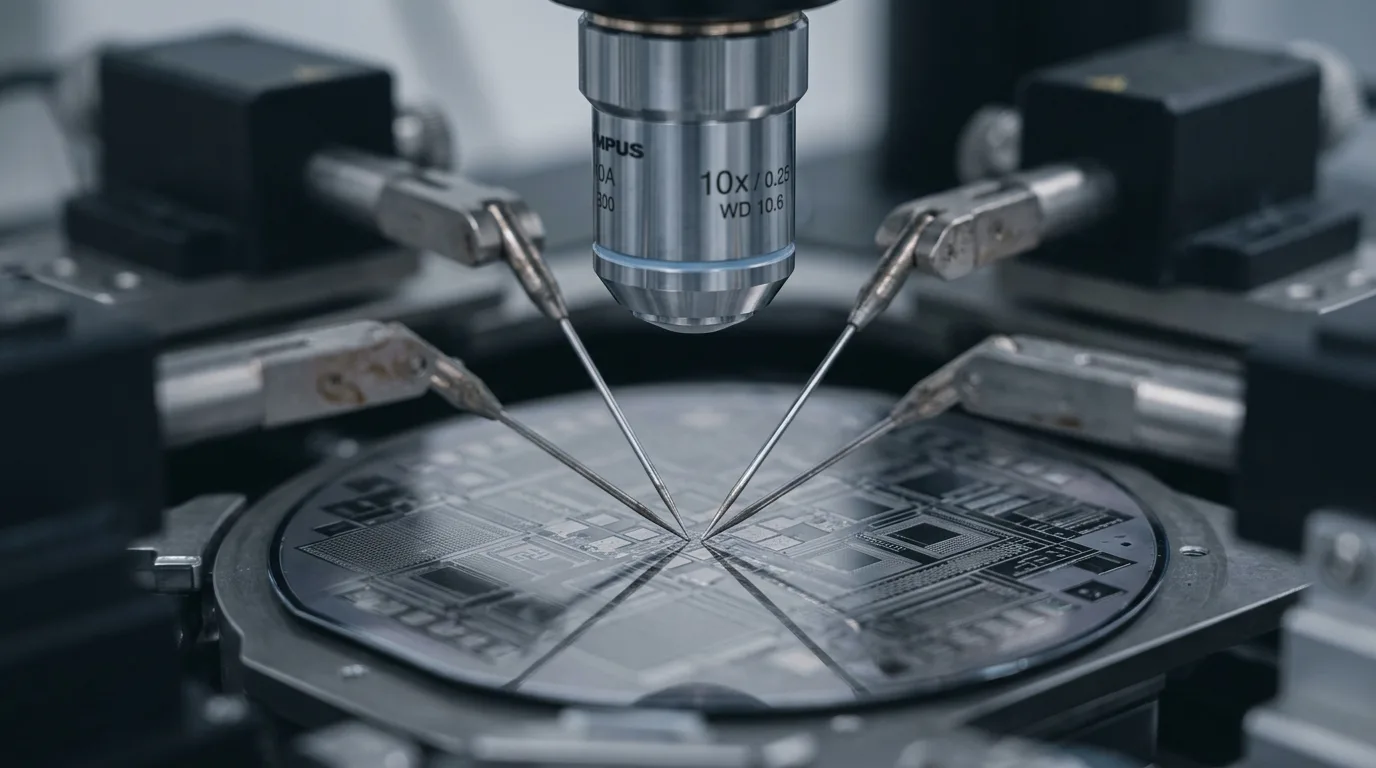 Wafer probe station with probe needles over a silicon wafer