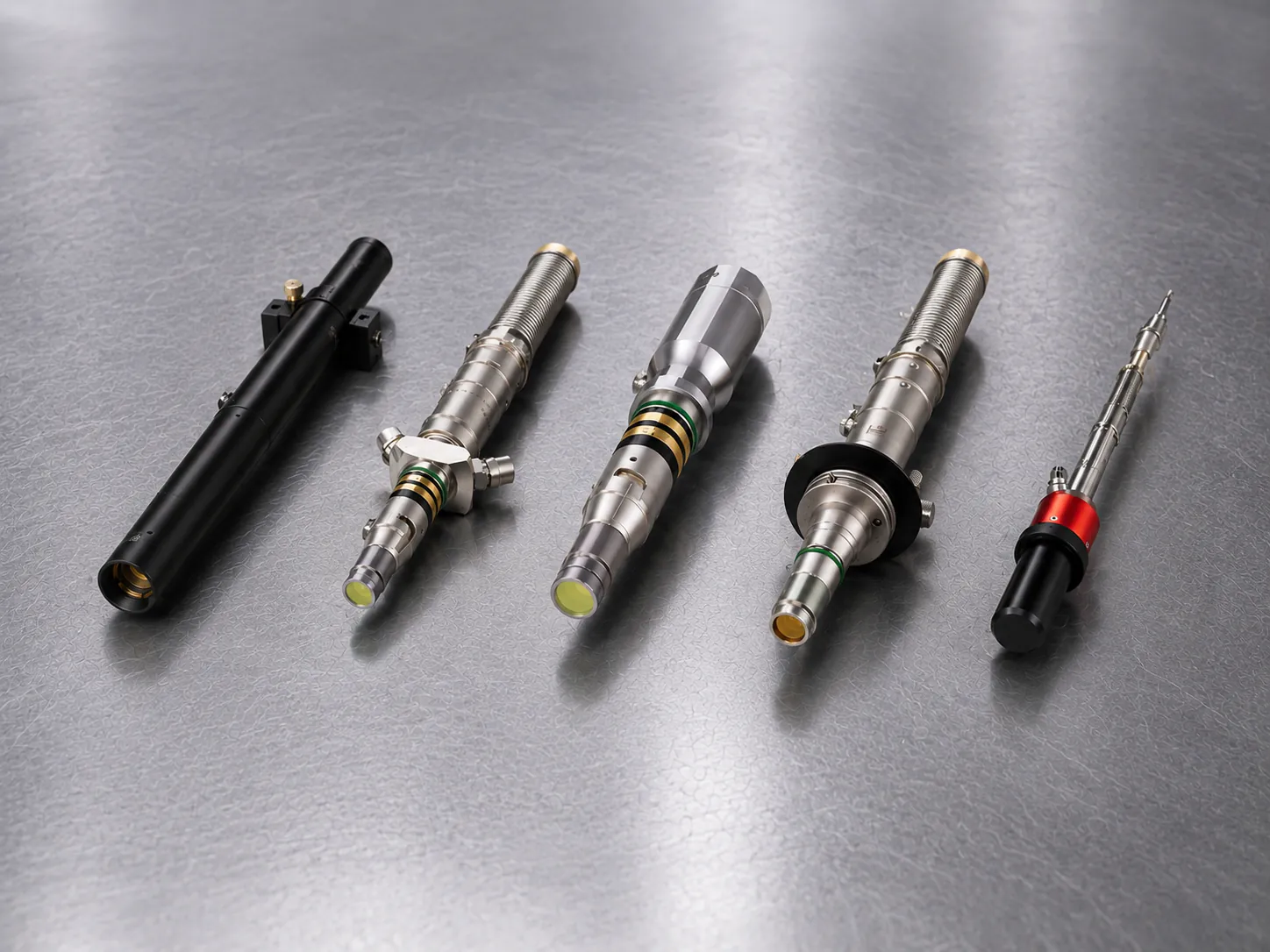 Row of fiber optic collimators and focusers on a steel bench