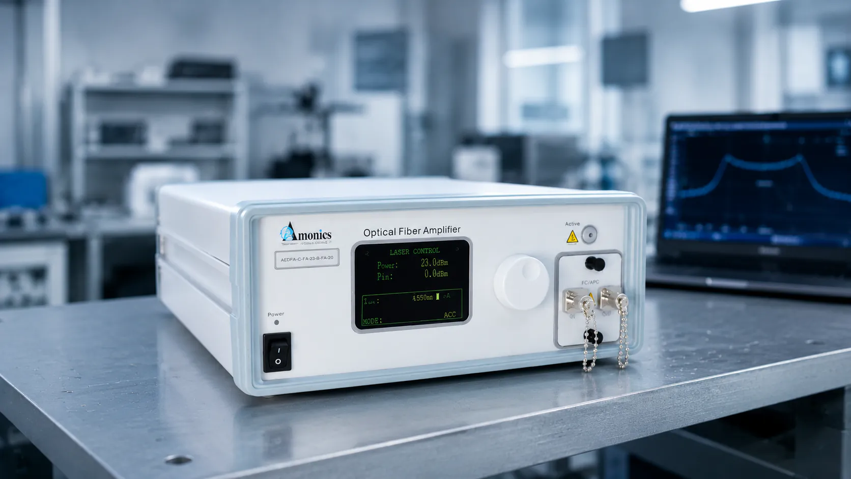 Benchtop optical fiber amplifier with front-panel display and fiber connectors