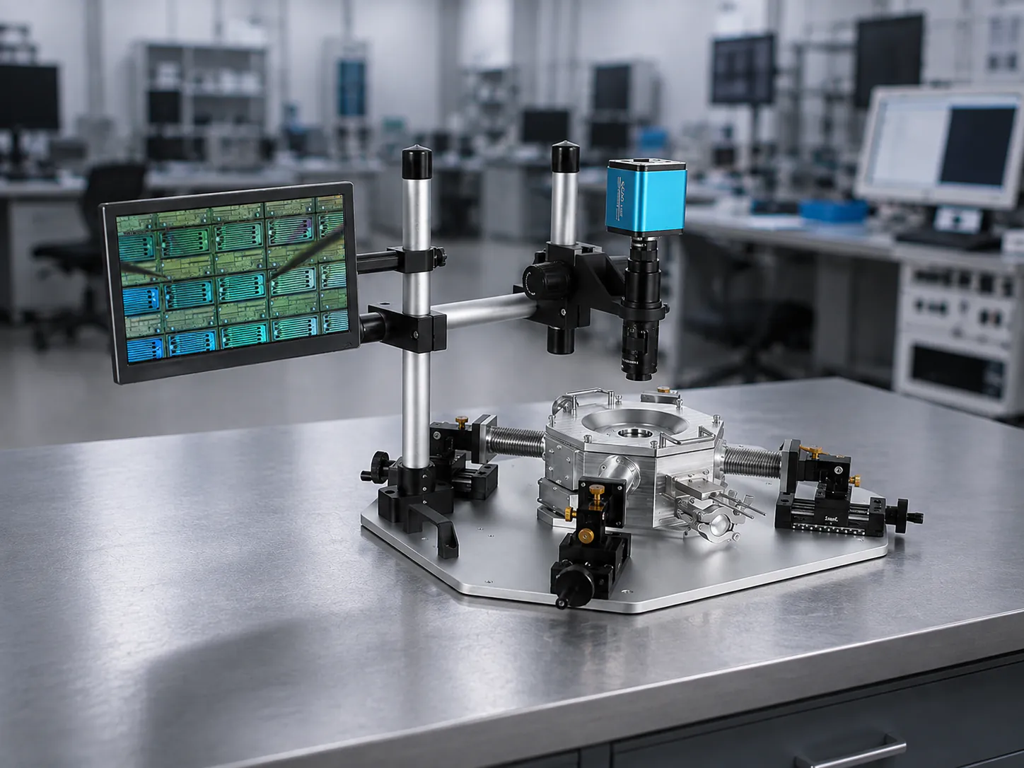 Manual wafer probe station with microscope and micro-positioners in a test laboratory
